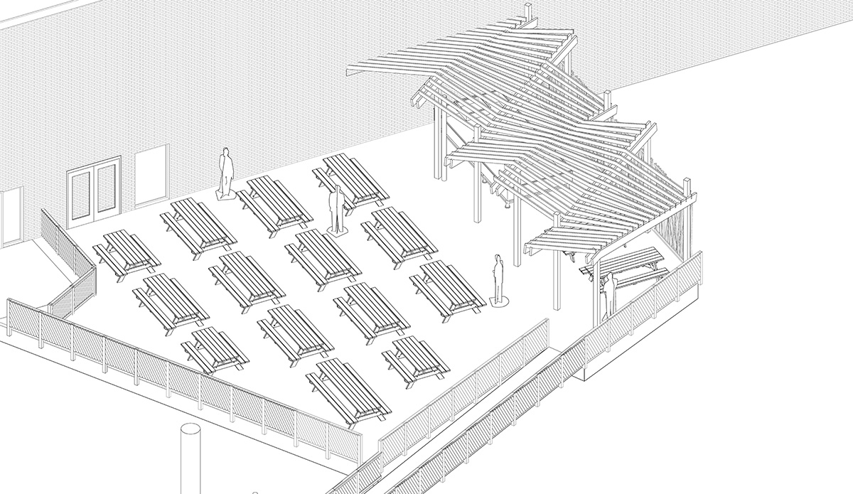 Aerial View of Patio and Conceptual Trellis Design.